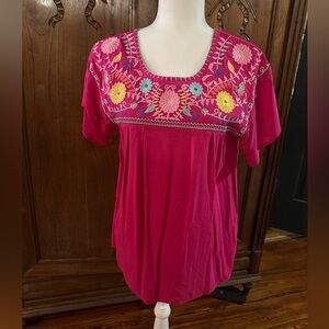 Layerz Clothing Embroidered Floral Boho Top Pink Short Sleeve Blouse Size Small